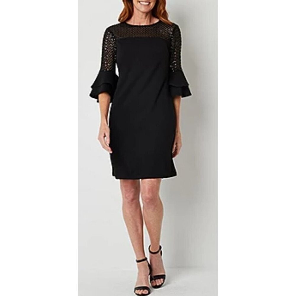 R&K Black 3/4-Bell-Sleeve Sequins‎ Keyhole Back Shift Dress 4 NWT